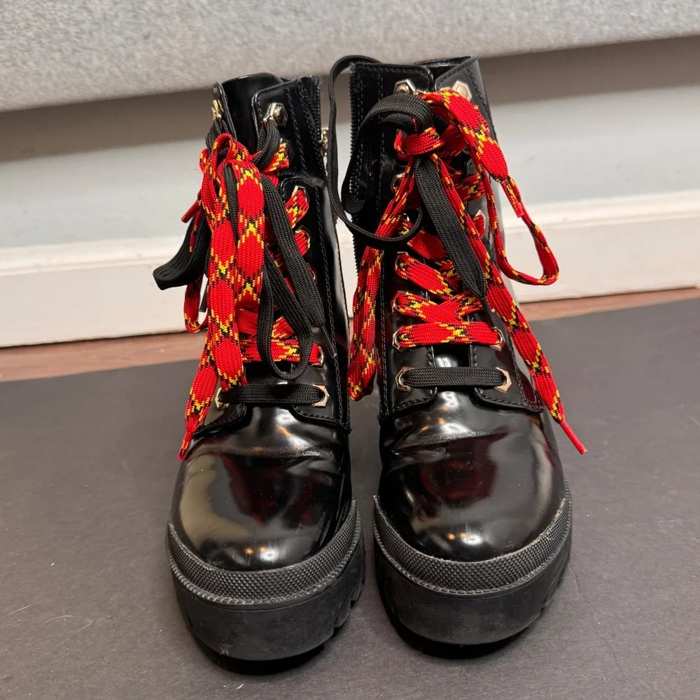 Bershka Combat‎ Boots Patent Leather Grungecore Platform Goth Chunky Heel 6.5 US